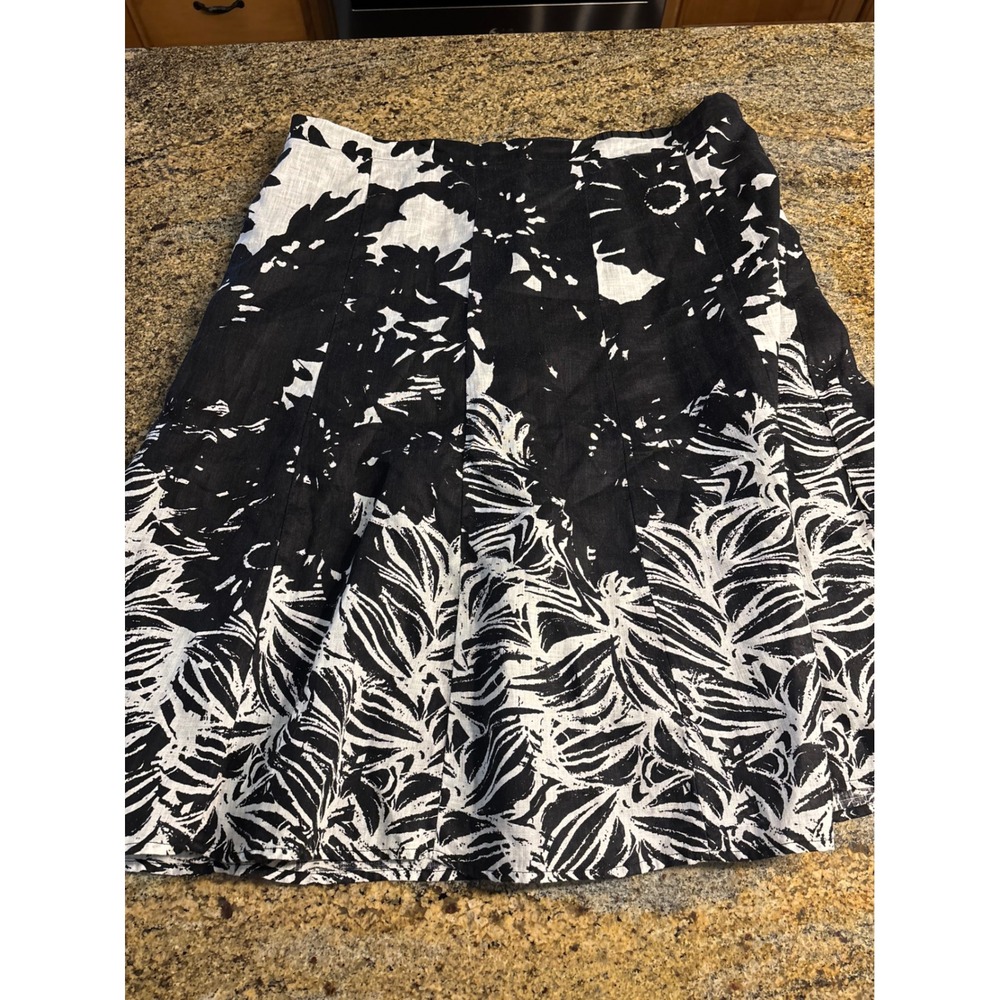 Coldwater Creek 100% Linen Floral Print A-Line Skirt‎ Black White XL